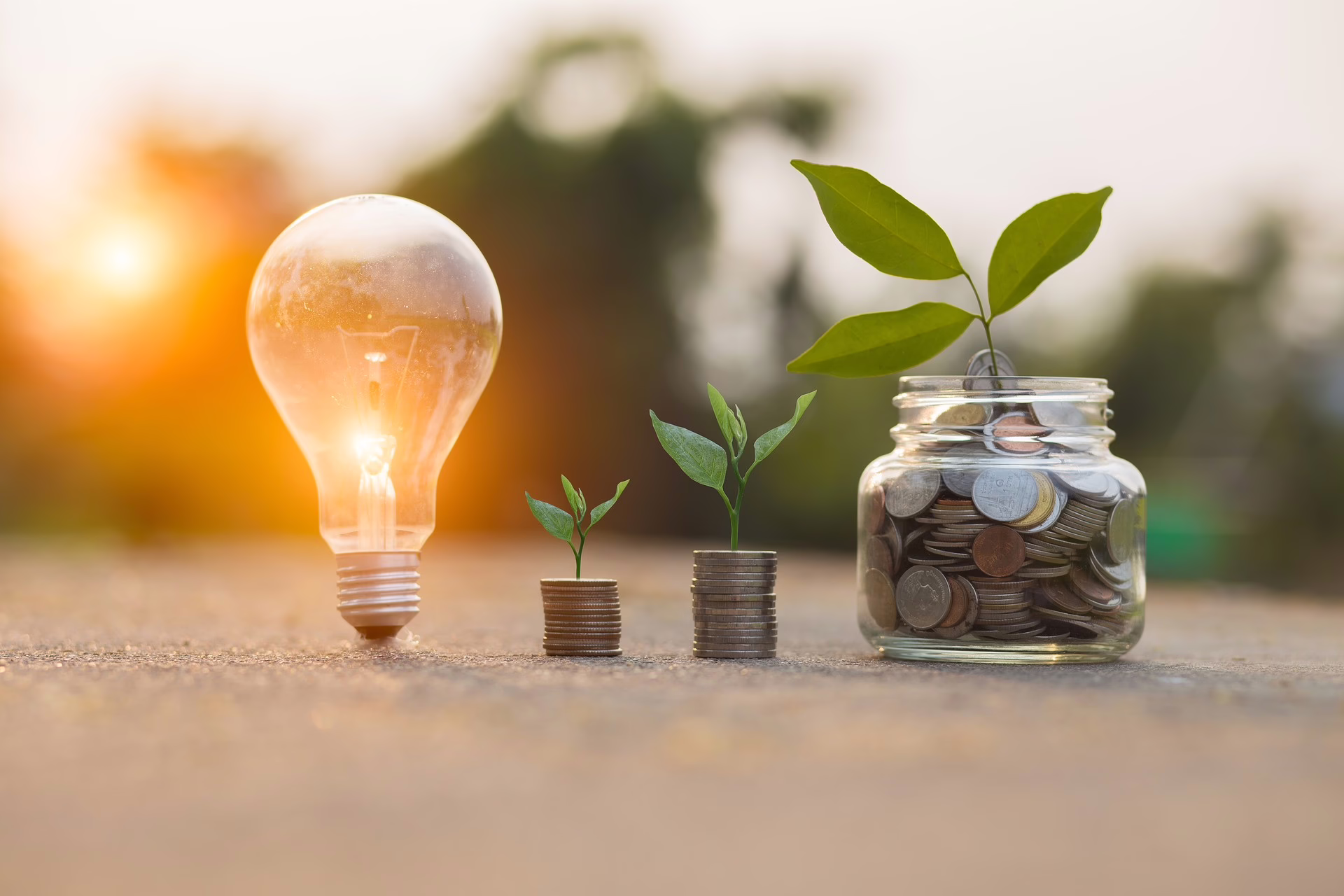 Drei immer größer werdende Stapel Münzen mit herausspoßenden Pflanzen.