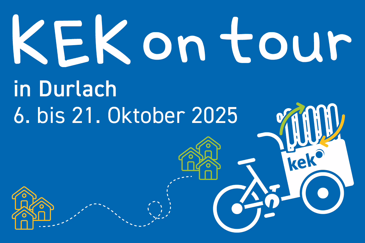 Das Bild zeigt die Überschrift KEK on tour in Durlach vom 6. bis 21. Oktober. Grafisch dargestellt ist ein Lastenfahrrad mit einer Heizung.