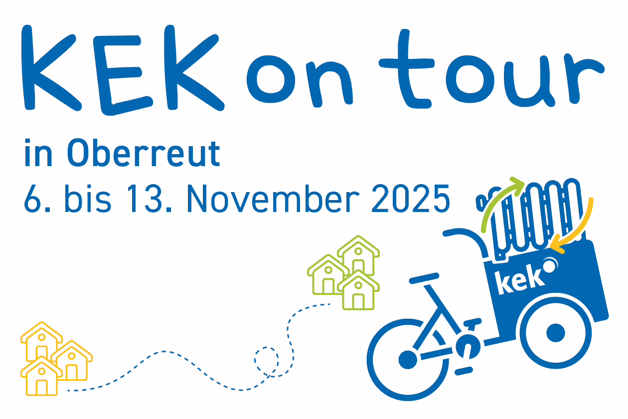 Das Bild zeigt die Überschrift KEK on tour in Durlach vom 6. bis 13. November 2025. Grafisch dargestellt ist ein Lastenrad mit Heizung.