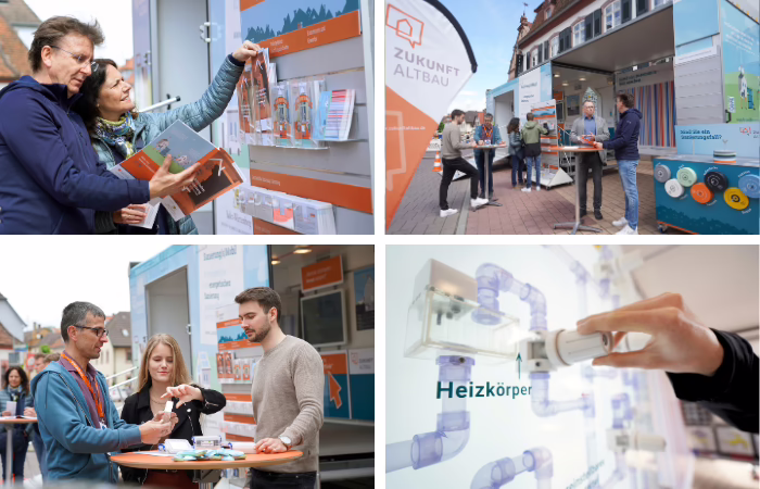 Collage mit vier Bildern, die das Sanierungsmbil von Zukunft Altbau zeigen.